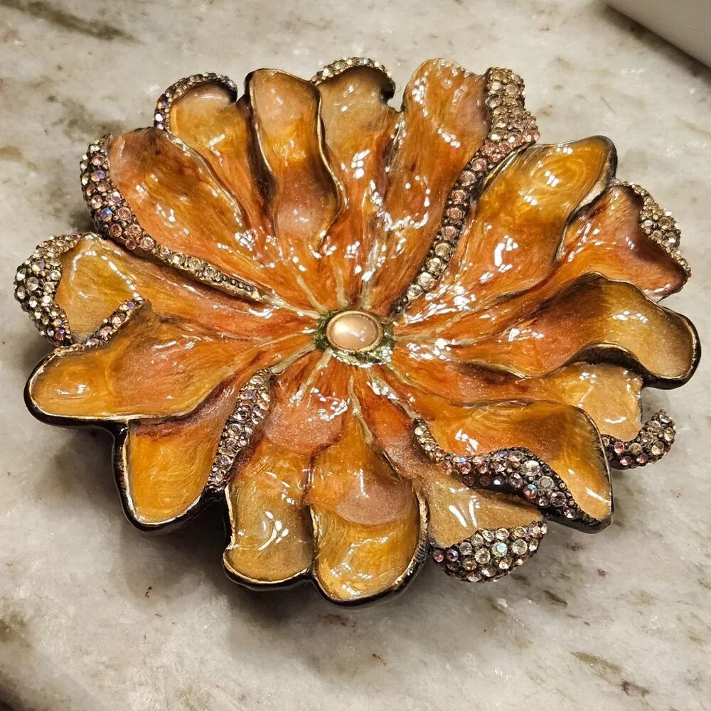 JAY STRONGWATER CHRYSANTHEMUM FLOWER ENAMEL CRYSTAL JEWELRY TRINKET TRAY DISH